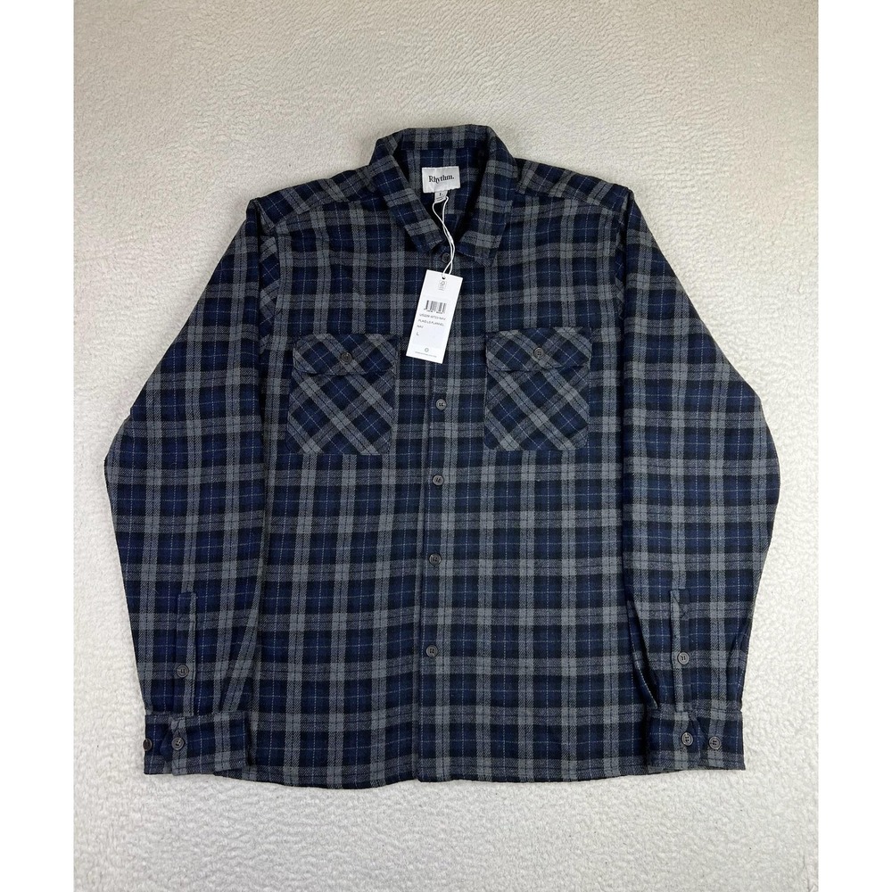 Rhythm Shirt Mens Large Blue Plaid Flannel Long Sleeve Button Up Casual